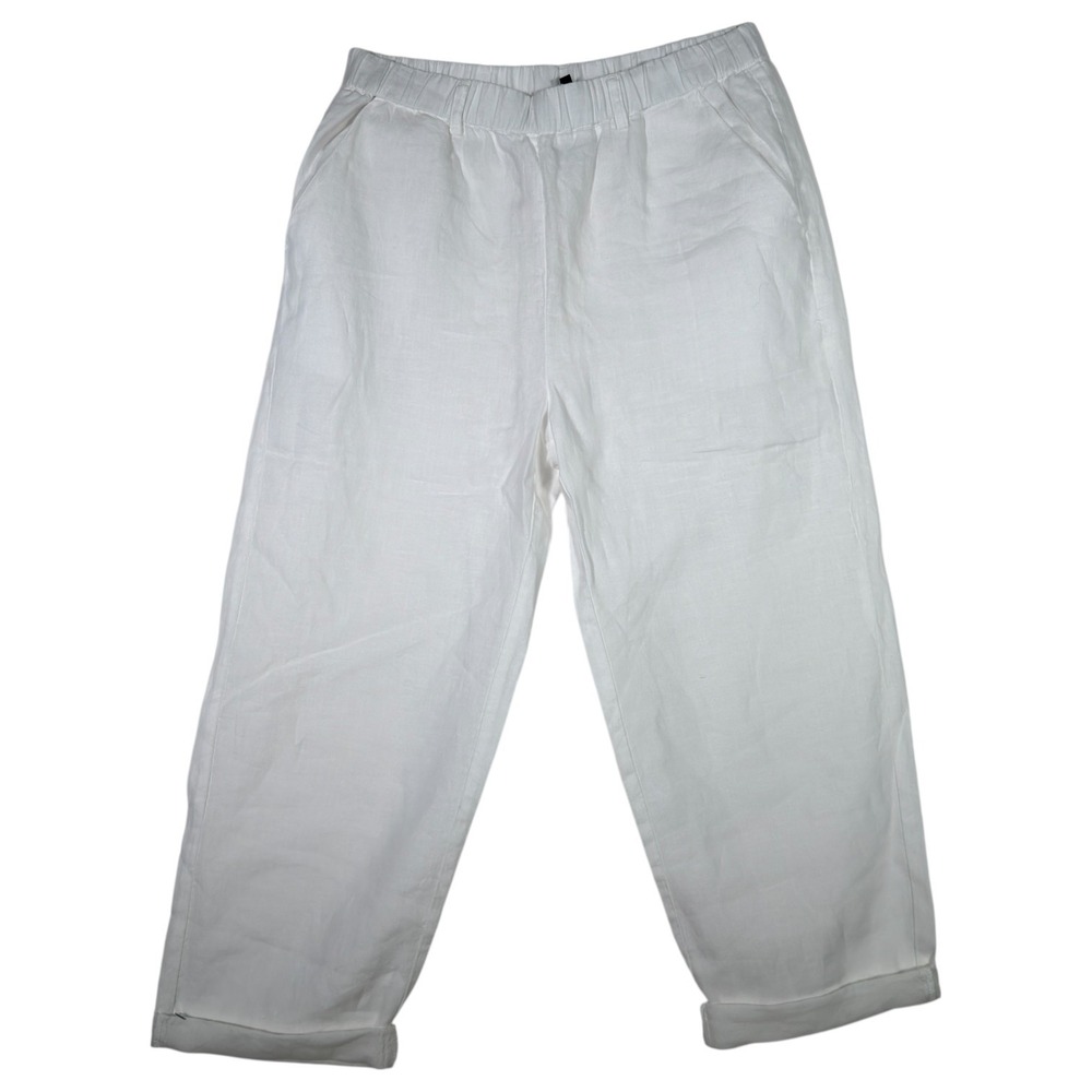 Quince White 100% Linen Elastic Waist Cropped‎ Pants Cuffed Hem Size S